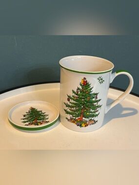 Spode Festive Christmas Tree Ceramic Mug and Saucer - Green Accent